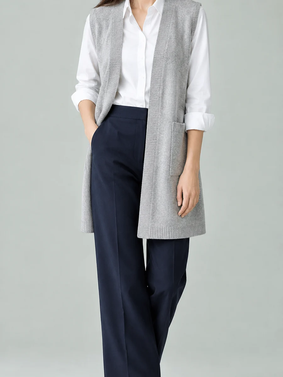 Mujer con chaleco largo de punto gris niebla hasta medio muslo sobre camisa blanca y pantalón azul marino