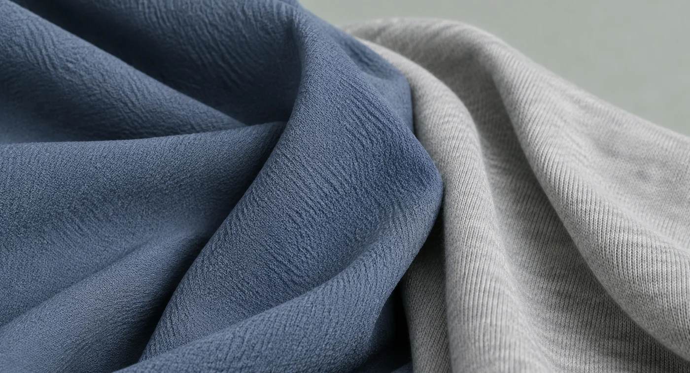 Pliegues de crepé azul pizarra junto a un punto fino gris claro, los dos tejidos más usados en la colección