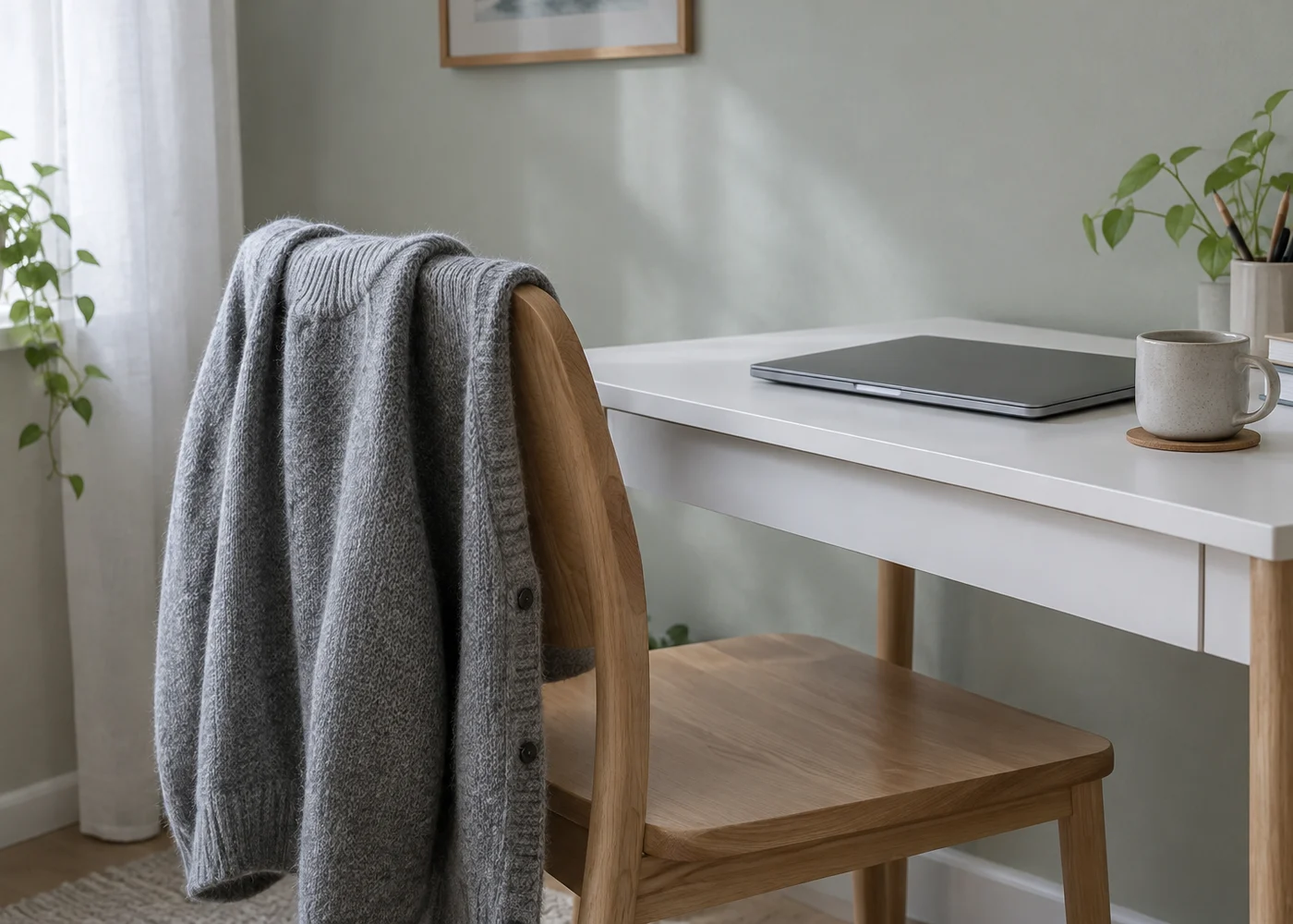 Mesa de trabajo blanca con portátil y taza junto a una silla de madera con una chaqueta de punto gris colgada