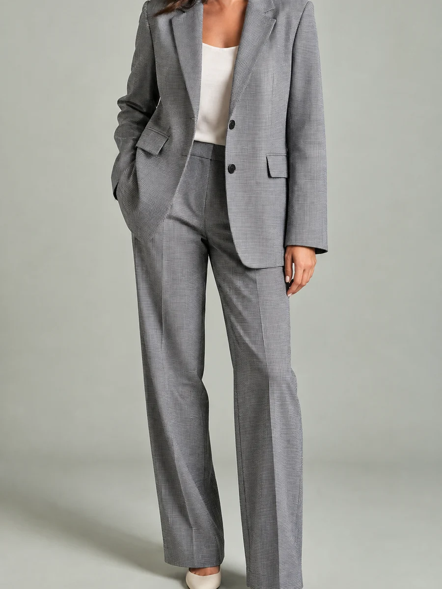 Mujer con traje de cuadro pequeño gris y blanco: americana holgada de dos botones y pantalón recto