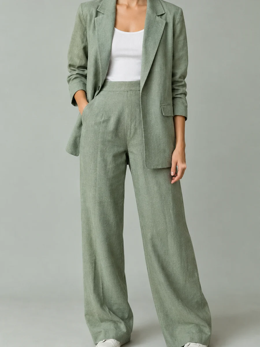 Mujer con traje de lino y viscosa verde salvia: americana sin forro y pantalón ancho de cinturilla plana